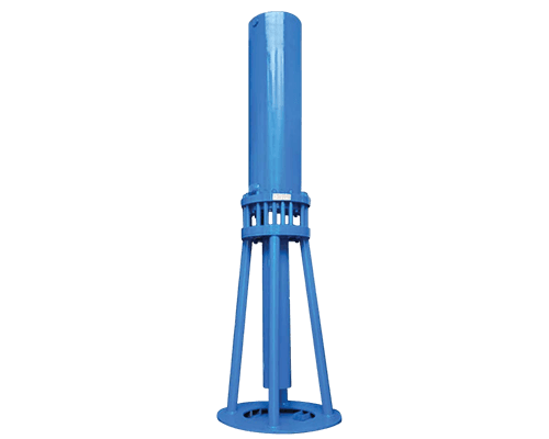 HPP hydraulic intensifier for hydro tester machine, tripod-mounted blue cylinder